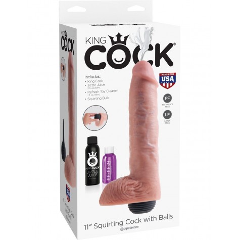 Телесный фаллоимитатор с функцией семяизвержения 11" Squirting Cock with balls - 27,9 см.